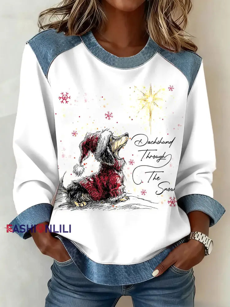 Women’s Christmas Dachshund Through The Snow Print Casual Denim Patchwork Top White / S