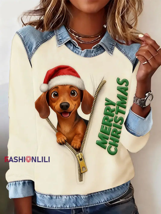 Women’s Christmas Dog Art Print Patchwork Casual Sweatshirt Beige / S