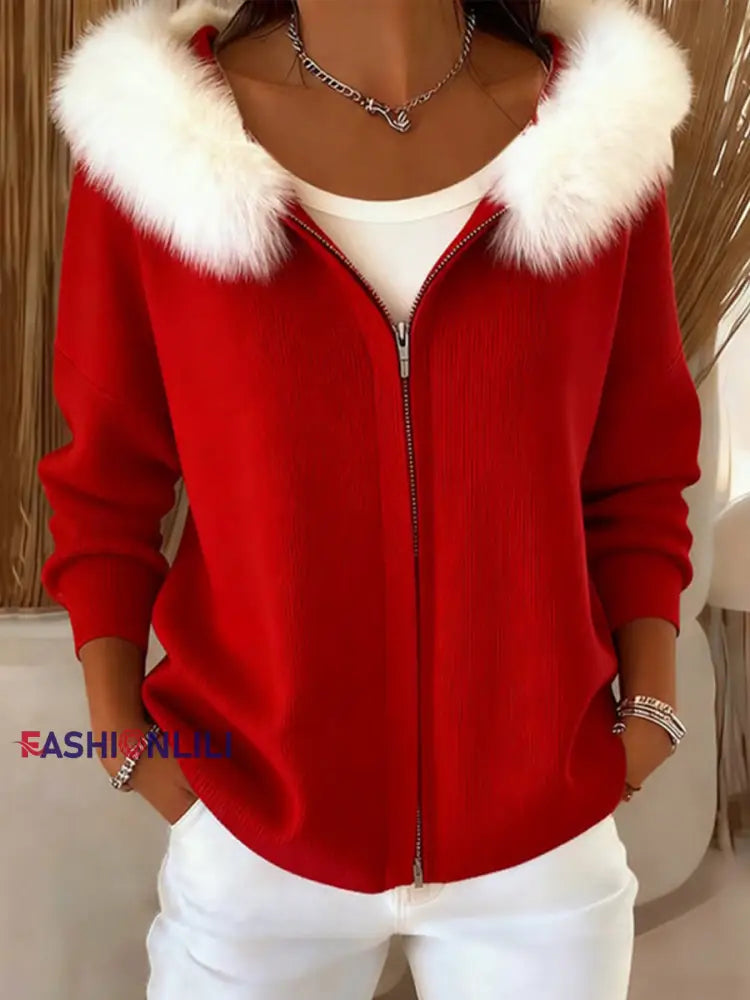 Women’s Christmas Inspired Cozy Furry Hooded Cardigan Red / S