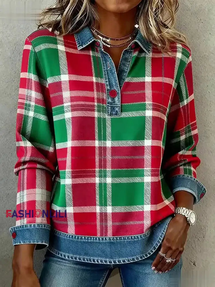 Women’s Christmas Inspired Plaid Pattern Cozy Top As picture / S