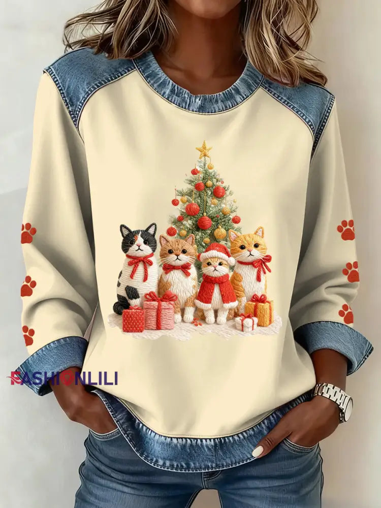 Women’s Christmas Pattern Patchwork Art Sweatshirt Apricot / S