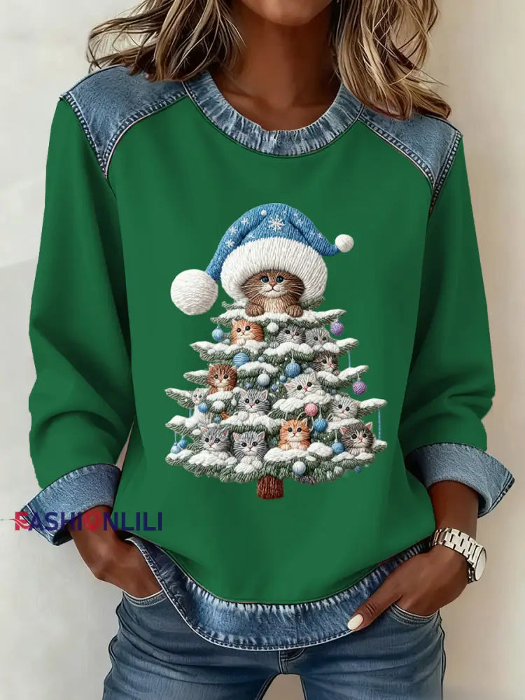 Women’s Christmas Pattern Patchwork Art Sweatshirt Green / S