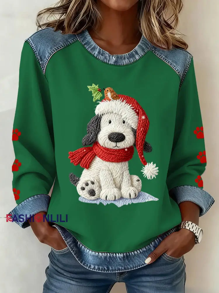 Women’s Christmas Pattern Patchwork Art Sweatshirt Green / S