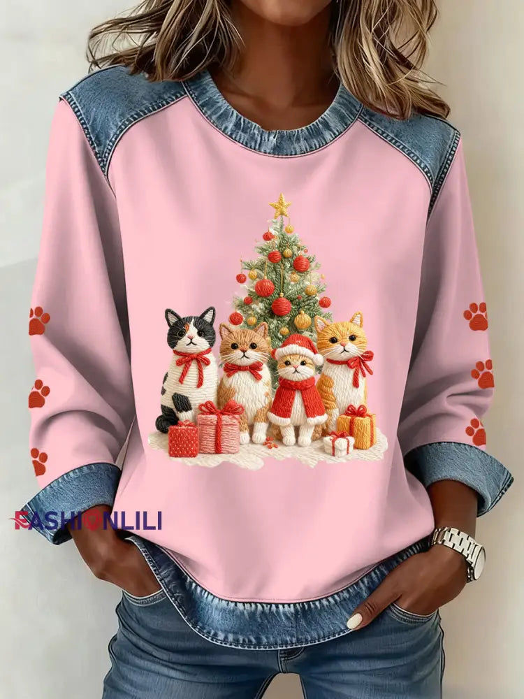 Women’s Christmas Pattern Patchwork Art Sweatshirt Pink / S