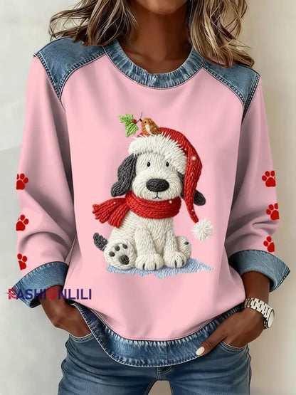 Women’s Christmas Pattern Patchwork Art Sweatshirt Pink / S