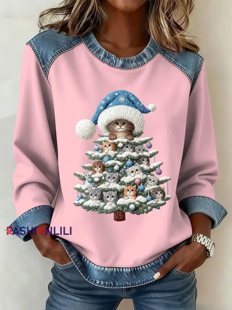 Women’s Christmas Pattern Patchwork Art Sweatshirt Pink / S