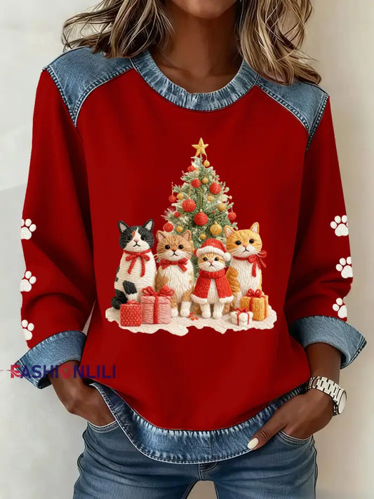 Women’s Christmas Pattern Patchwork Art Sweatshirt Red / S