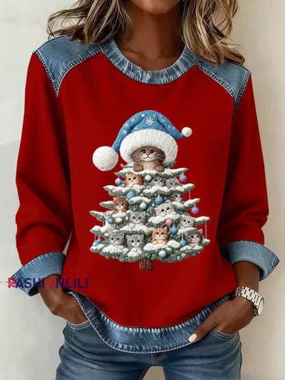 Women’s Christmas Pattern Patchwork Art Sweatshirt Red / S