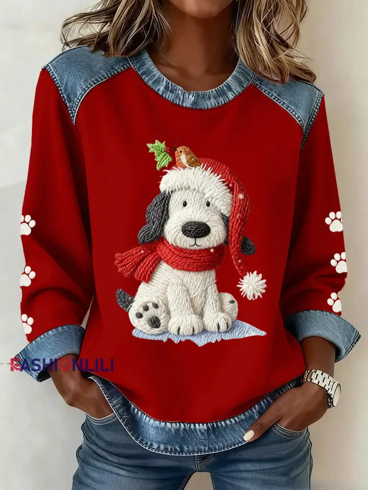 Women’s Christmas Pattern Patchwork Art Sweatshirt Red / S