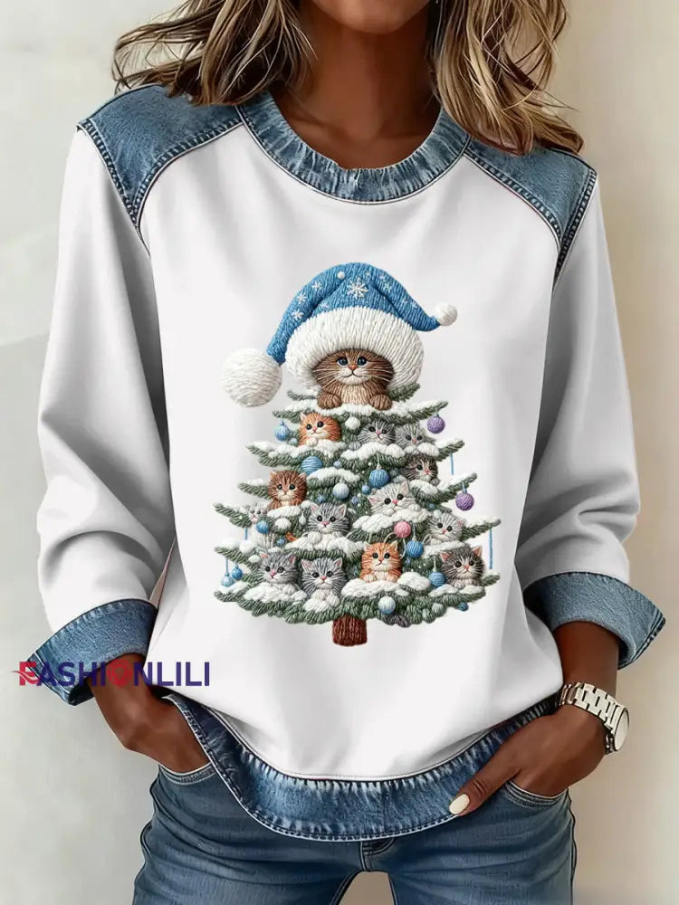 Women’s Christmas Pattern Patchwork Art Sweatshirt White / S
