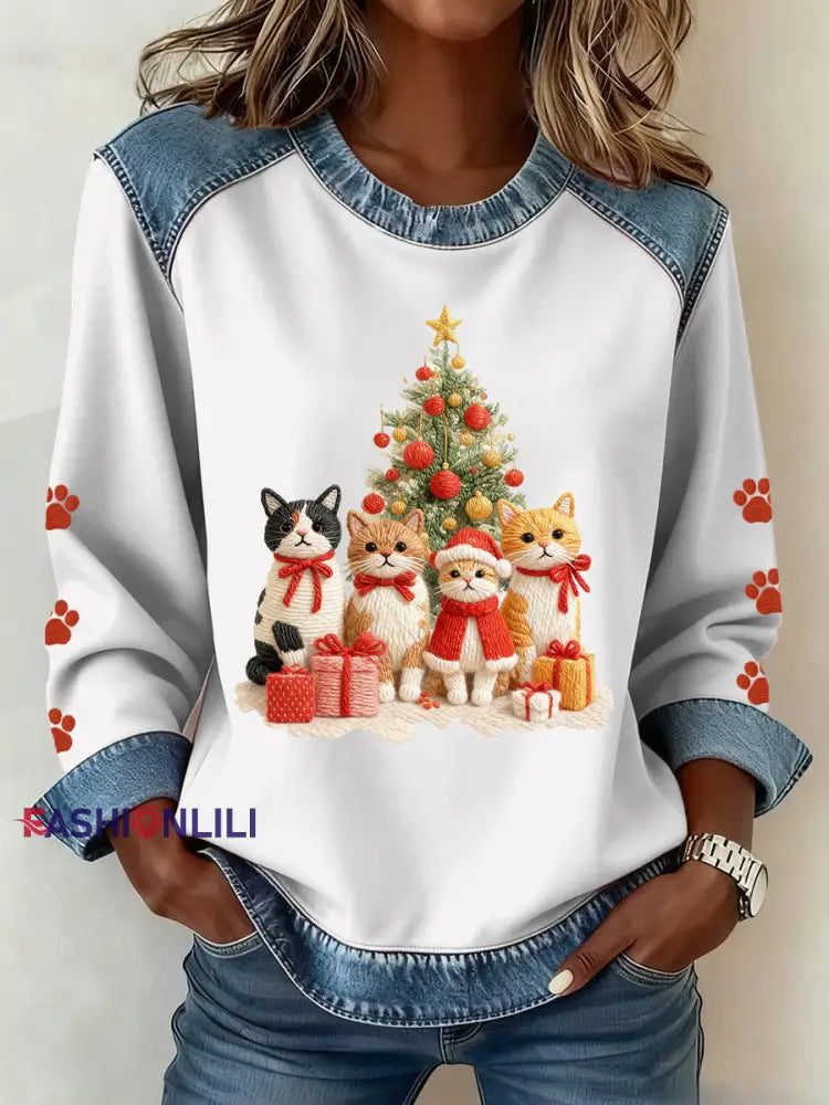 Women’s Christmas Pattern Patchwork Art Sweatshirt White / S