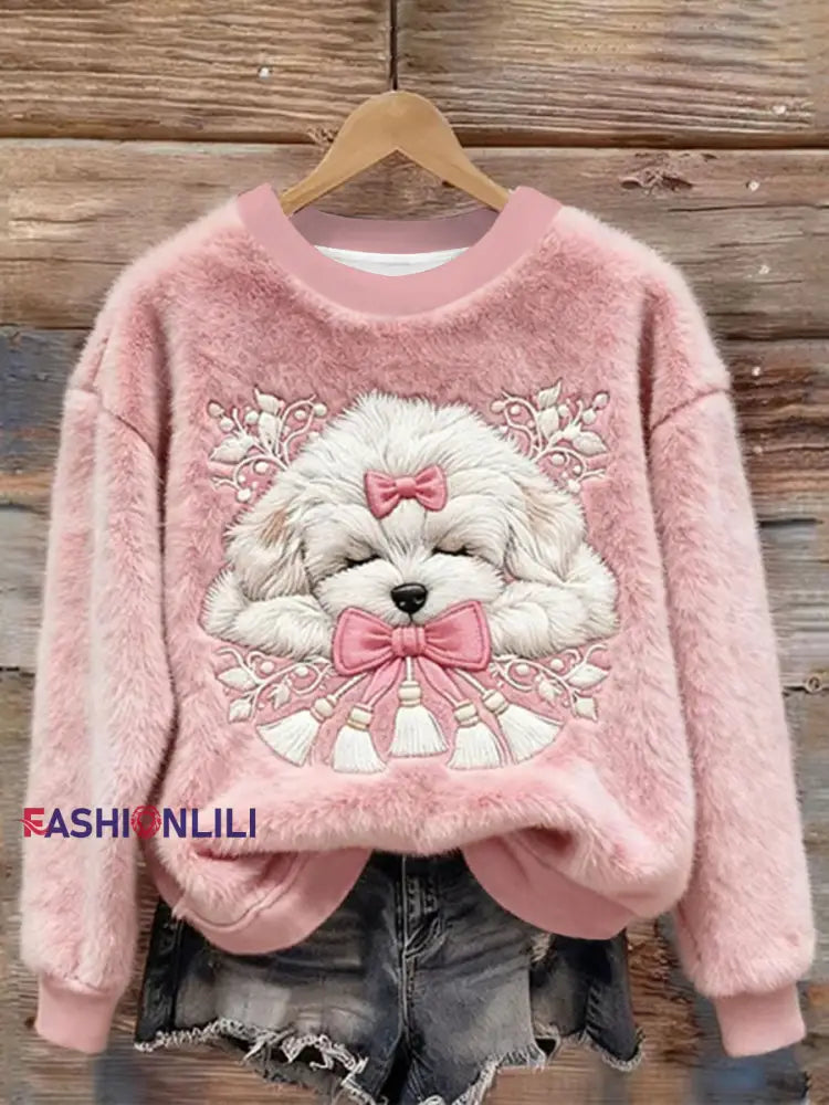 Women’s Christmas Sleeping Dog Embroidered Cozy Plush Sweatshirt Pink / S