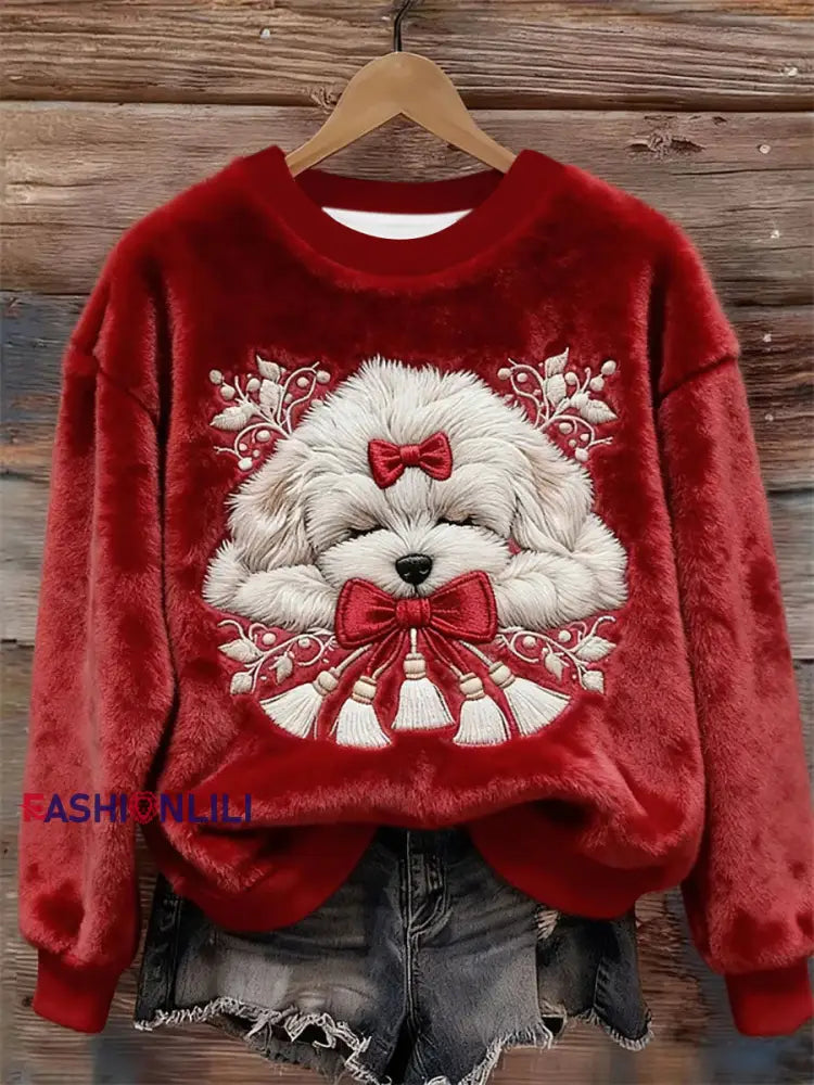 Women’s Christmas Sleeping Dog Embroidered Cozy Plush Sweatshirt Red / S