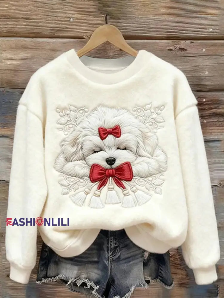 Women’s Christmas Sleeping Dog Embroidered Cozy Plush Sweatshirt White / S