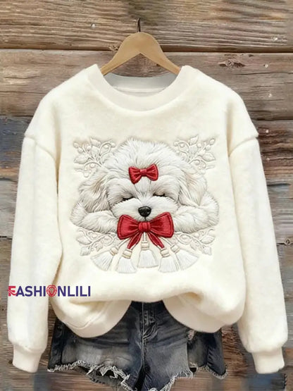 Women’s Christmas Sleeping Dog Embroidered Cozy Plush Sweatshirt White / S