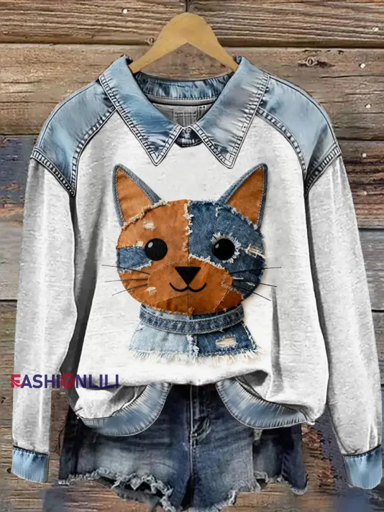 Women’s Cowboy Collage Animal Printed Denim Patchwork Lapel Long Sleeved Sweatshirt Light Gray / S