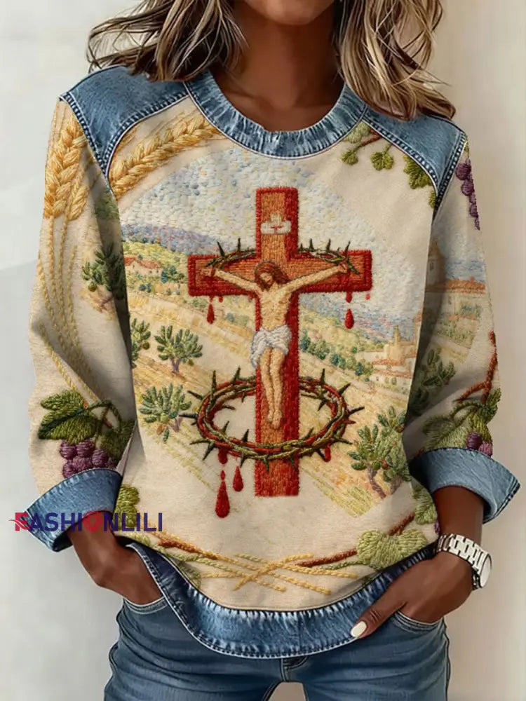 Women’s Cross Faith Print Denim Patchwork Top As picture / S