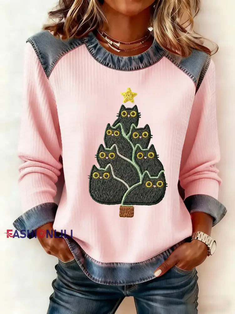 Women’s Cute Cat Christmas Tree Denim Patchwork Top Pink / S