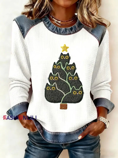 Women’s Cute Cat Christmas Tree Denim Patchwork Top White / S