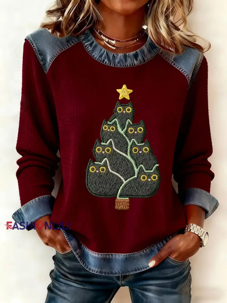 Women’s Cute Cat Christmas Tree Denim Patchwork Top Wine Red / S