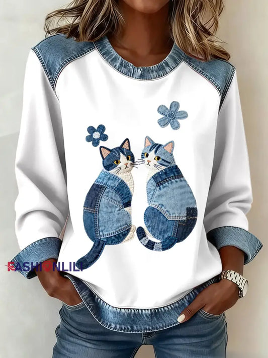 Women’s Cute Cats Pattern Denim Patchwork Sweatshirt White / S