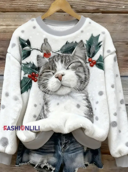 Women’s Cute Christmas Cat Art Flannel Hoodie White / S