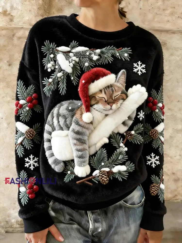 Women’s Cute Christmas Cat Art Print Casual Flannel Hoodie Black / S