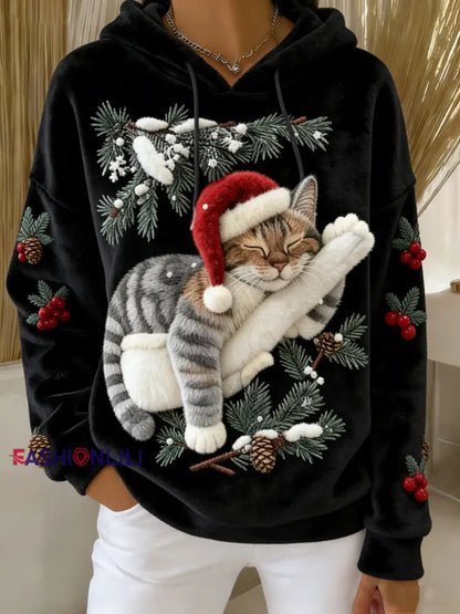 Women’s Cute Christmas Cat Art Print Casual Flannel Hoodie Black / S