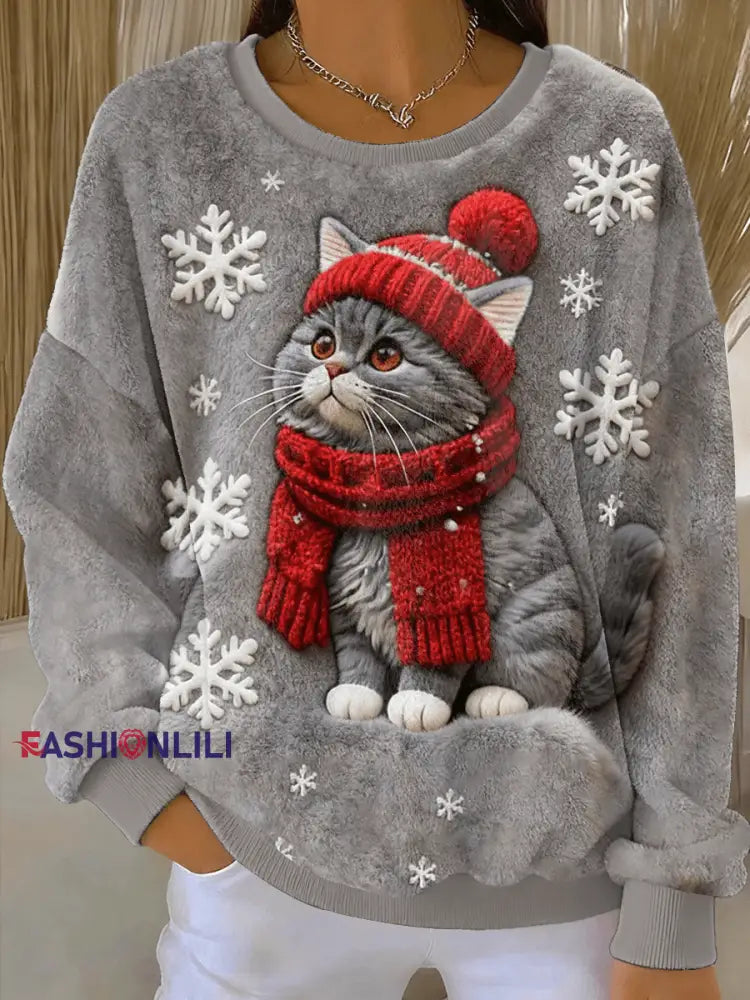 Women’s Cute Christmas Cat Art Print Casual Flannel Hoodie Gray / S