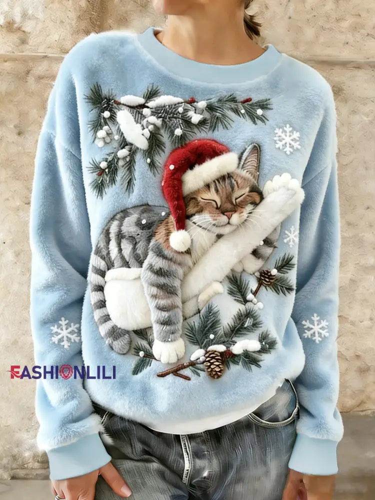 Women’s Cute Christmas Cat Art Print Casual Flannel Hoodie Light Blue / S
