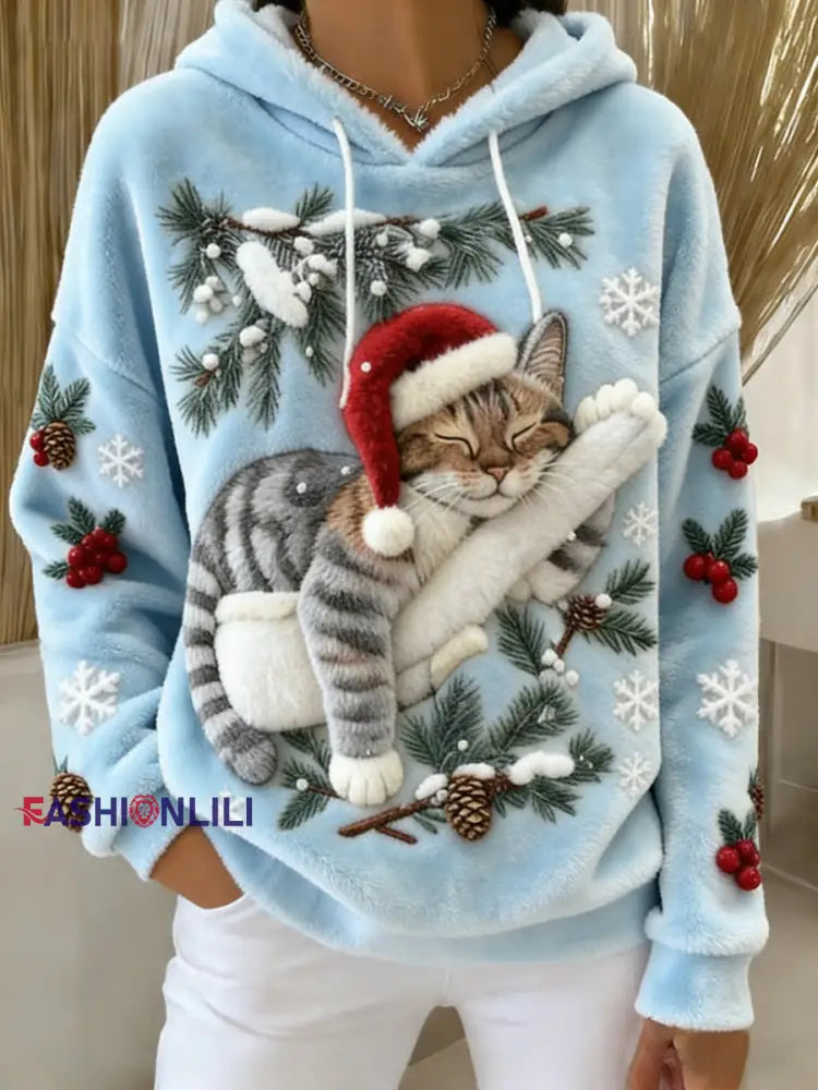 Women’s Cute Christmas Cat Art Print Casual Flannel Hoodie Light Blue / S