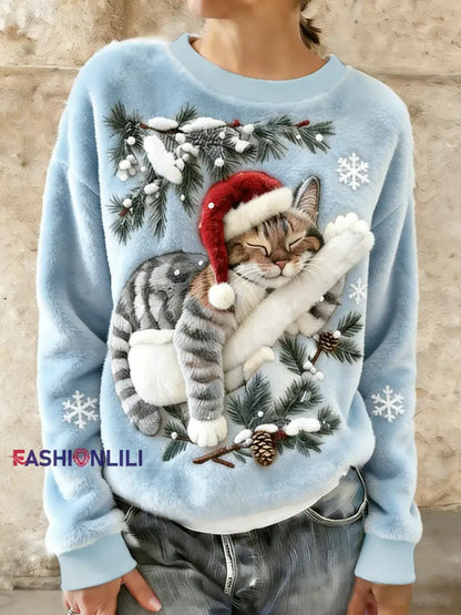 Women’s Cute Christmas Cat Art Print Casual Flannel Hoodie Light Blue / S
