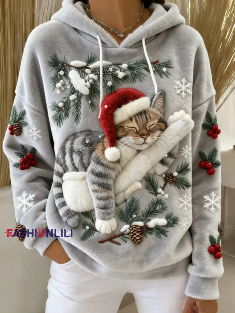 Women’s Cute Christmas Cat Art Print Casual Flannel Hoodie Light Gray / S