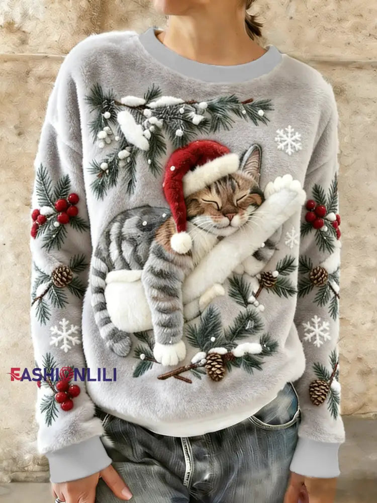 Women’s Cute Christmas Cat Art Print Casual Flannel Hoodie Light Gray / S