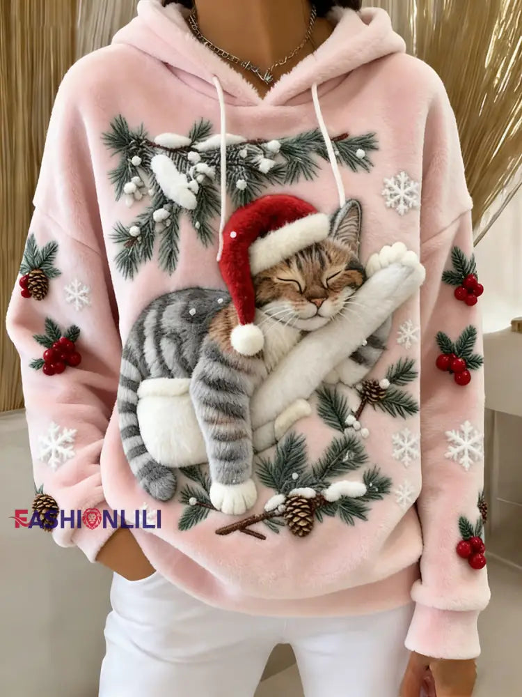 Women’s Cute Christmas Cat Art Print Casual Flannel Hoodie Light Pink / S