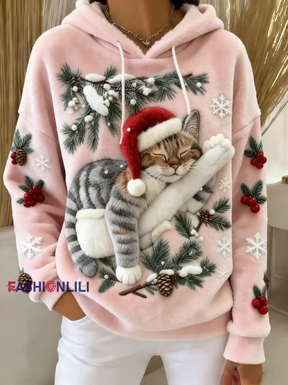 Women’s Cute Christmas Cat Art Print Casual Flannel Hoodie Light Pink / S