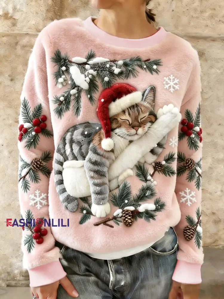 Women’s Cute Christmas Cat Art Print Casual Flannel Hoodie Light Pink / S