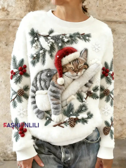 Women’s Cute Christmas Cat Art Print Casual Flannel Hoodie White / S