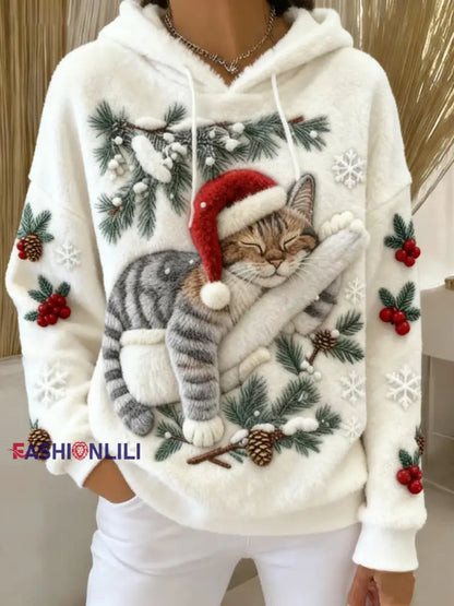 Women’s Cute Christmas Cat Art Print Casual Flannel Hoodie White / S