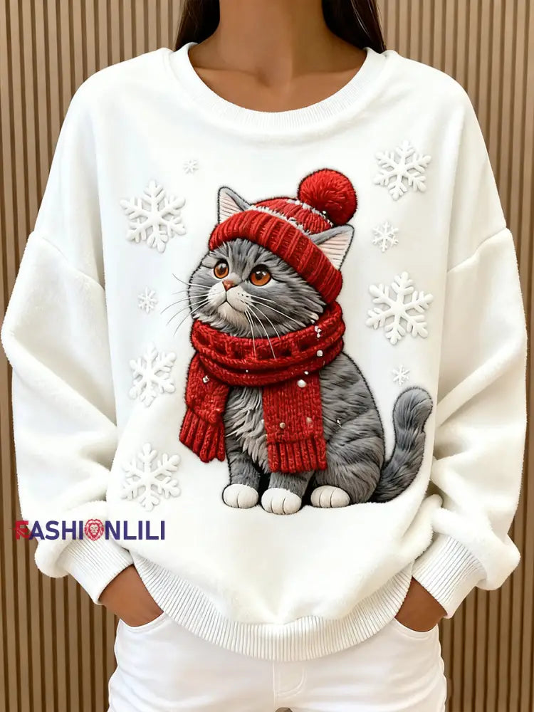 Women’s Cute Christmas Cat Art Print Casual Flannel Hoodie White / S