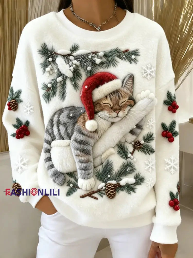 Women’s Cute Christmas Cat Art Print Casual Flannel Hoodie White / S