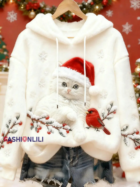 Women’s Cute Christmas Cat Art Print Casual Flannel Hoodie White / S