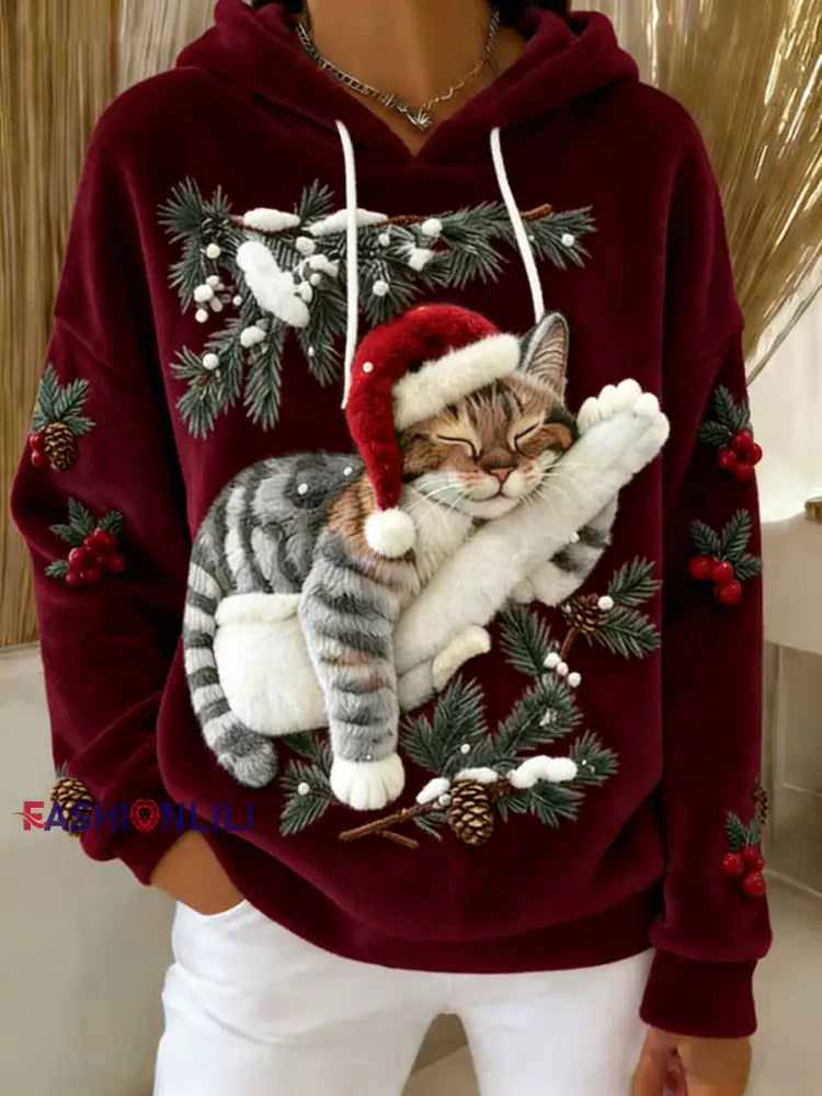 Women’s Cute Christmas Cat Art Print Casual Flannel Hoodie Wine Red / S