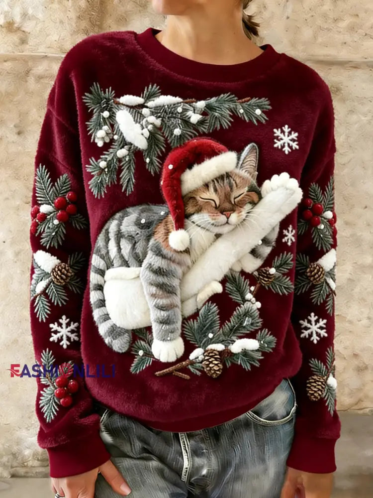 Women’s Cute Christmas Cat Art Print Casual Flannel Hoodie Wine Red / S
