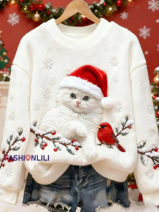 Women’s Cute Christmas Cat Art Print Casual Flannel Sweatshirt White / S