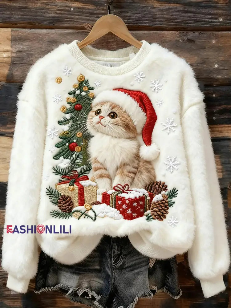 Women’s Cute Christmas Cat Art Print Casual Flannel Sweatshirt White / S