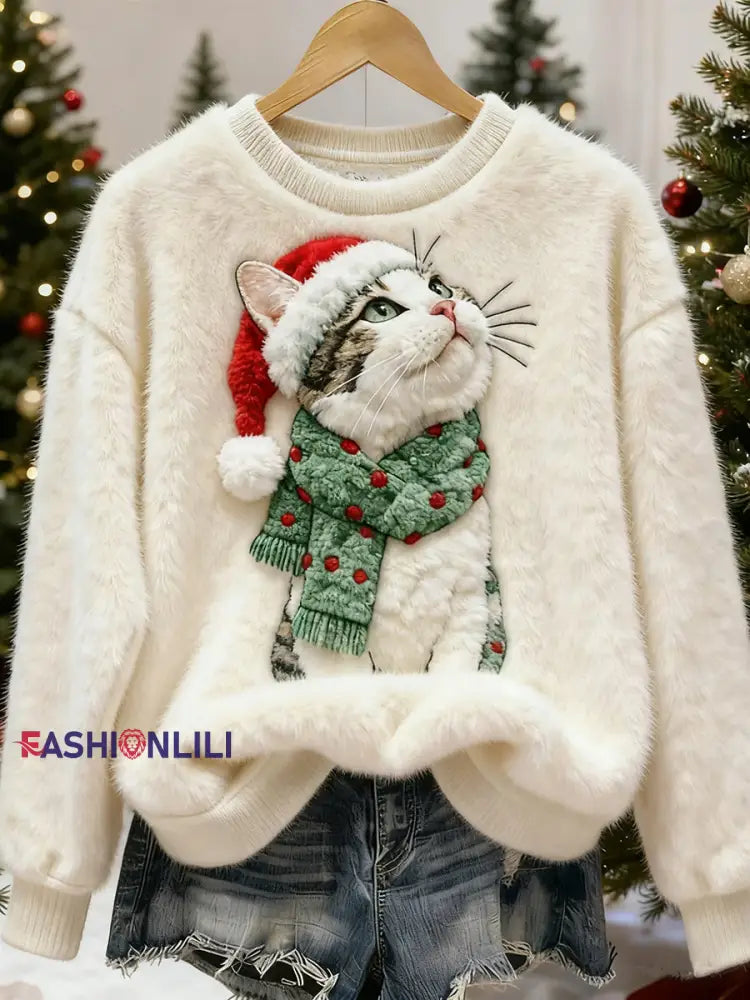 Women’s Cute Christmas Cat Art Print Casual Flannel Sweatshirt White / S