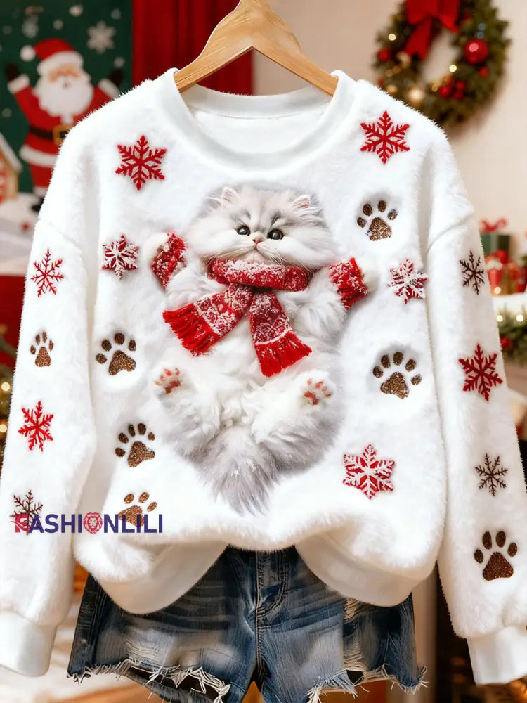 Women’s Cute Christmas Cat Art Print Casual Flannel Sweatshirt White / S