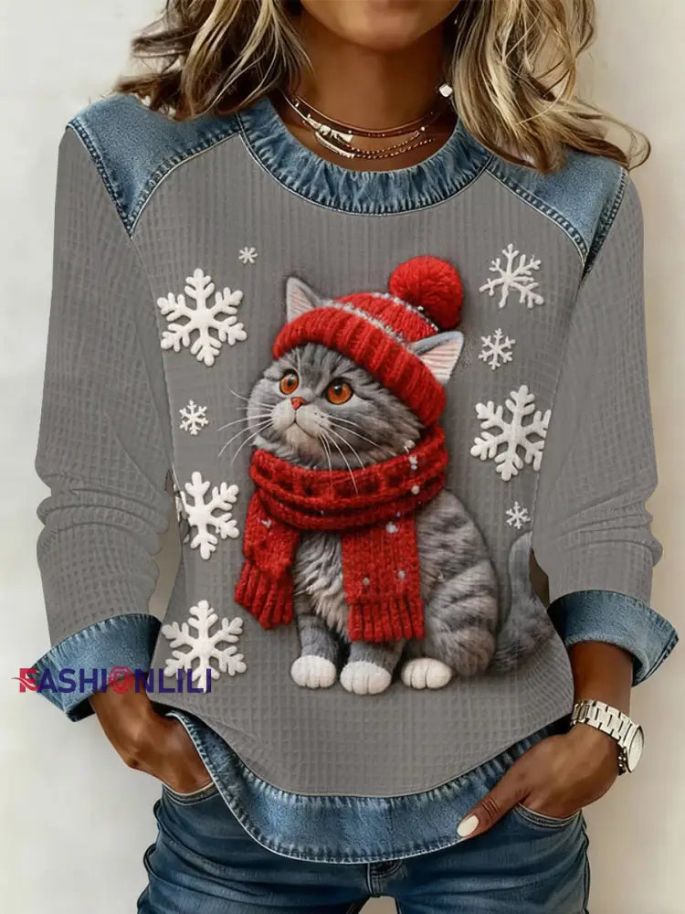 Women’s Cute Christmas Cat Denim Patchwork Top Gray / S