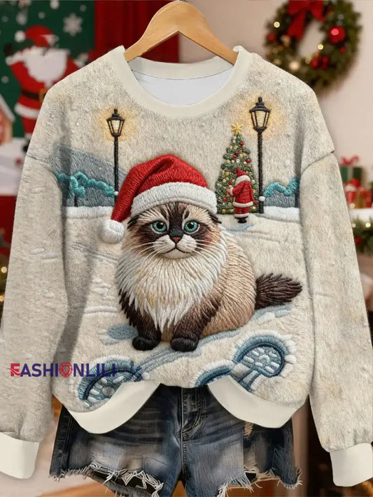 Women’s Cute Christmas Cat Flannel Hoodie As picture / S